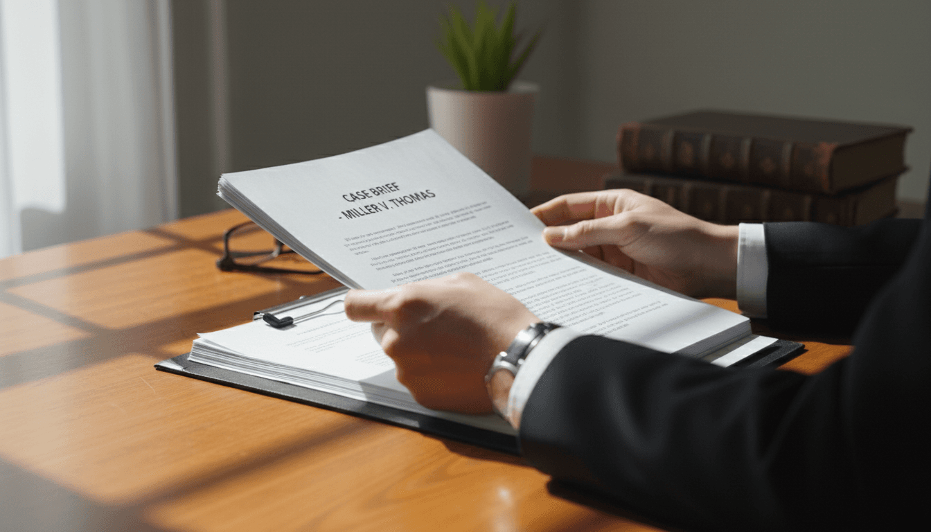 Legal professional reviewing documents at a desk in a Toronto office