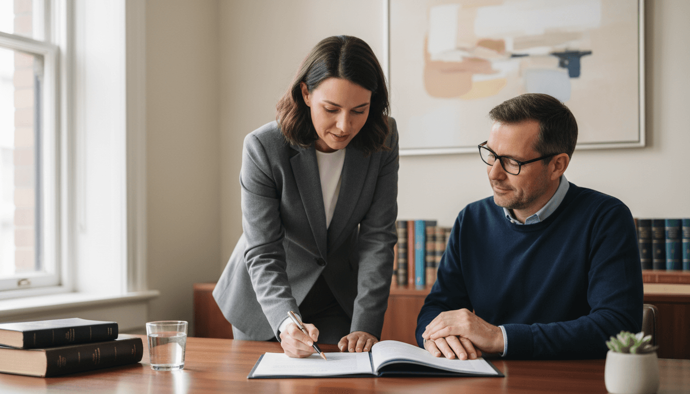 Legal professional explaining a document to a client at a desk