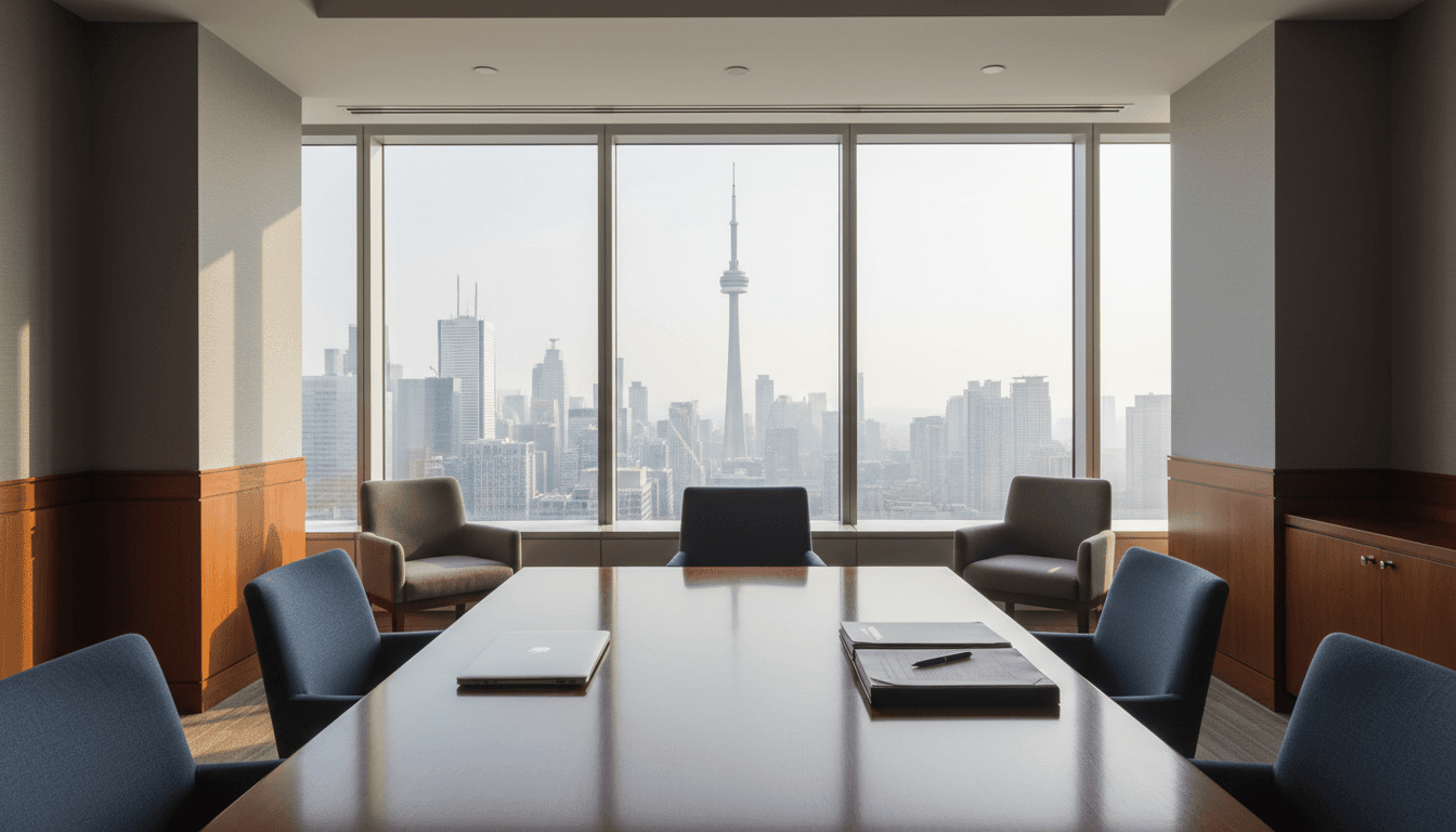 Professional law office conference room with city view in Toronto