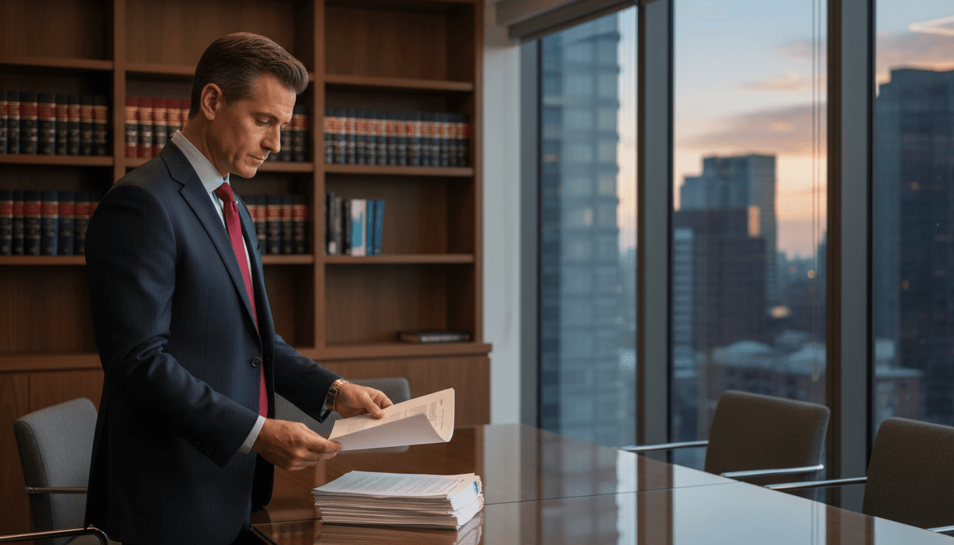 Warm, professional legal office setting in downtown Toronto with documents on the desk