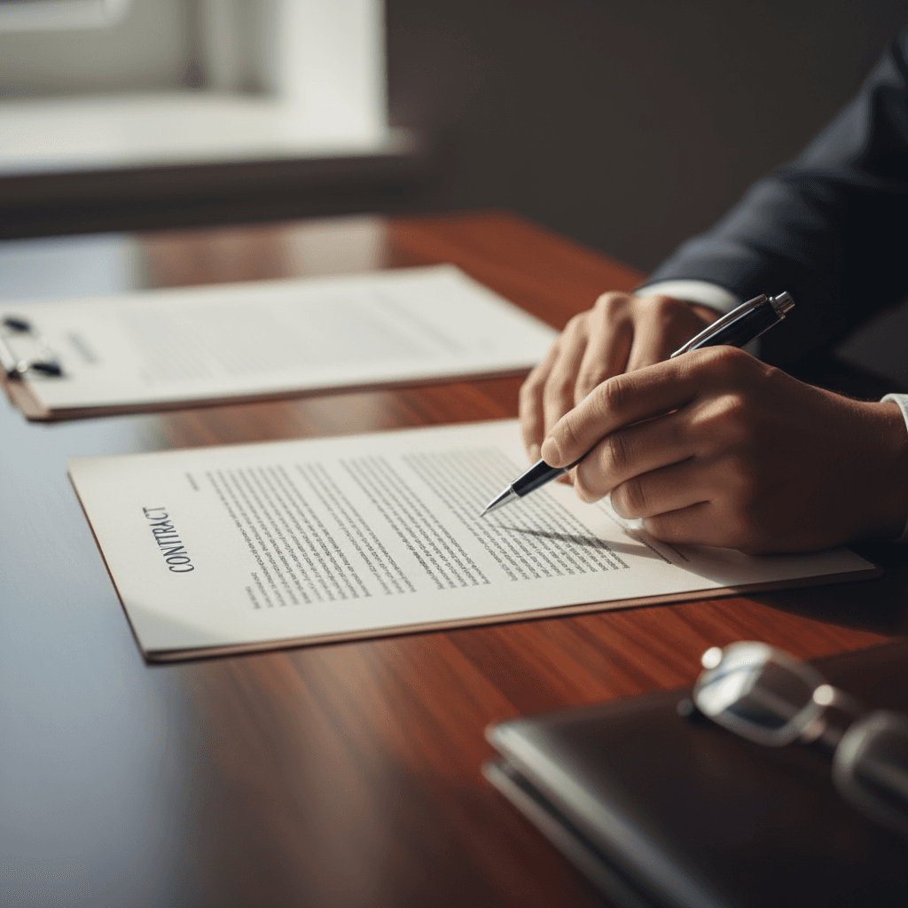 Lawyer's hand pointing to a clause in a contract document on a clean desk