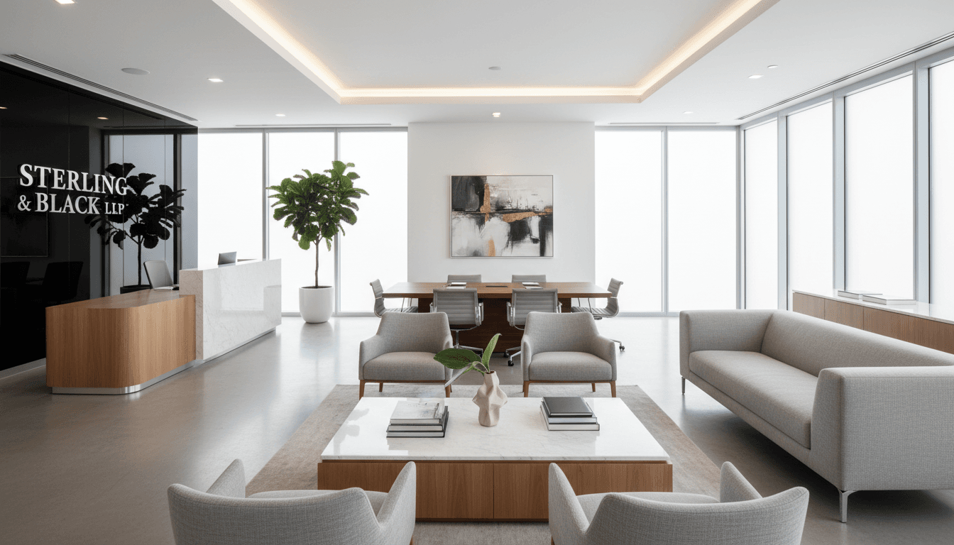Modern, sunlit law office with a neat desk and legal documents