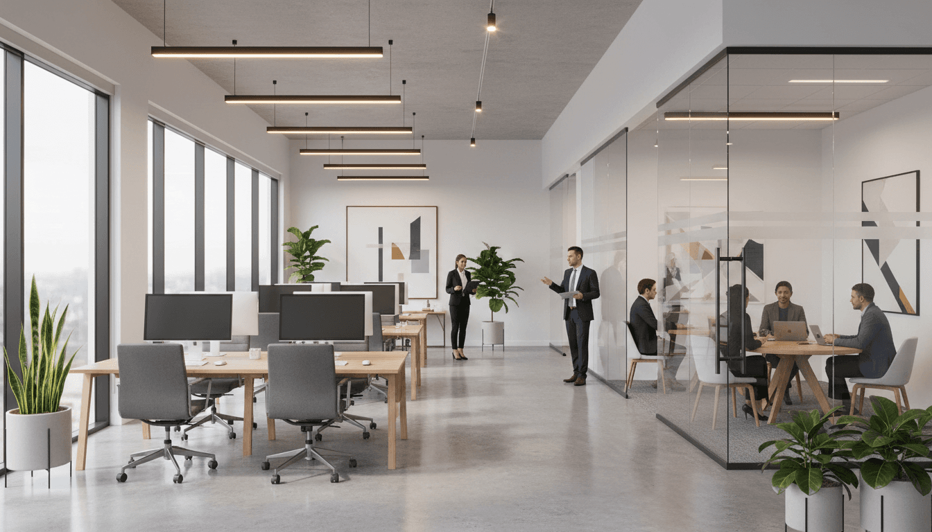 Quiet, professional legal office interior with warm wood tones