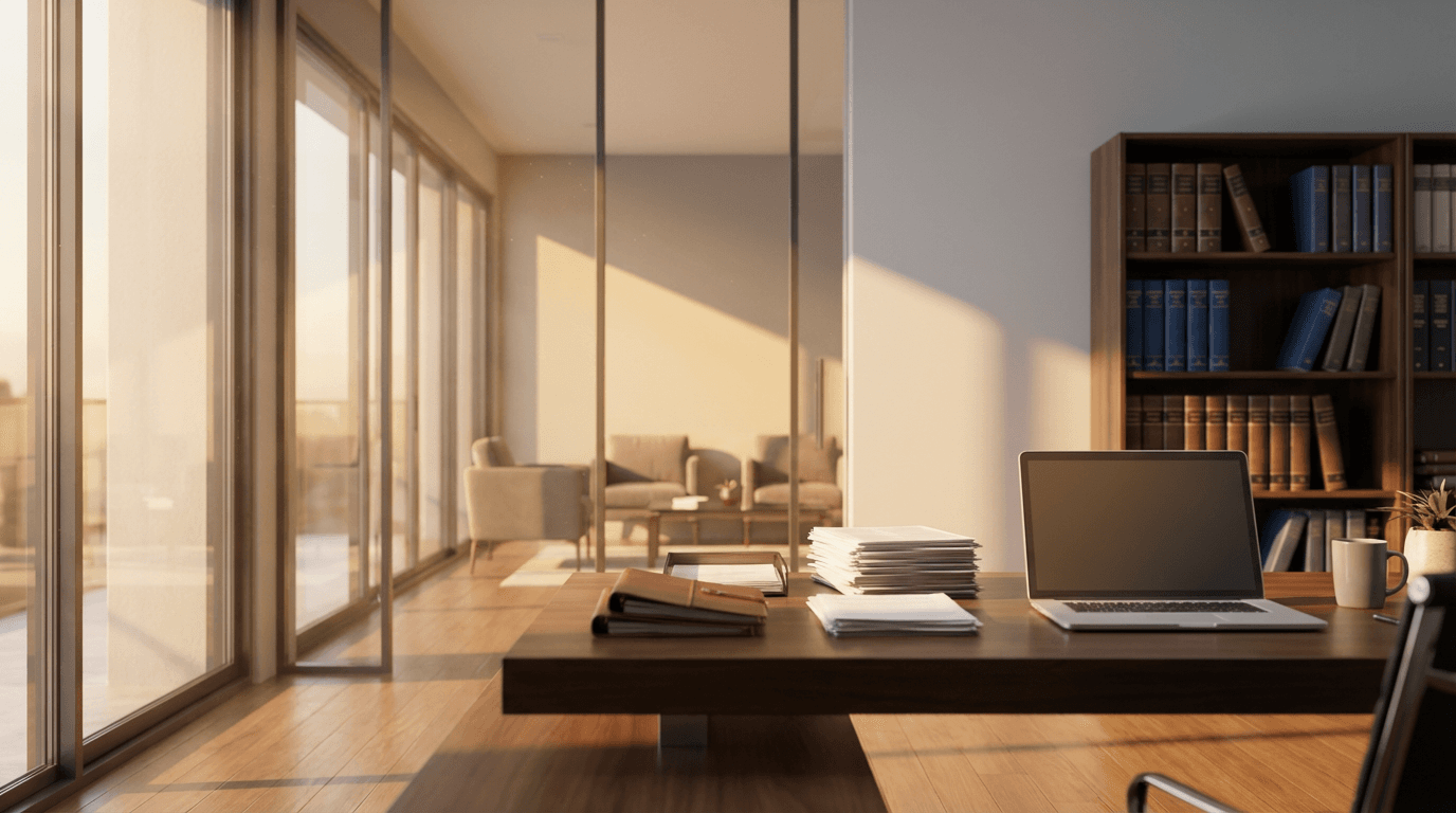 Modern law office reception area with warm natural light