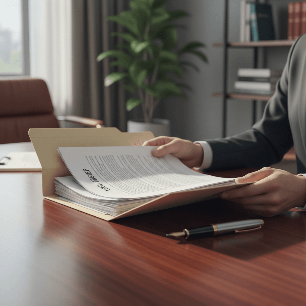 Close-up of hands reviewing a confidential document in a lawyer's office