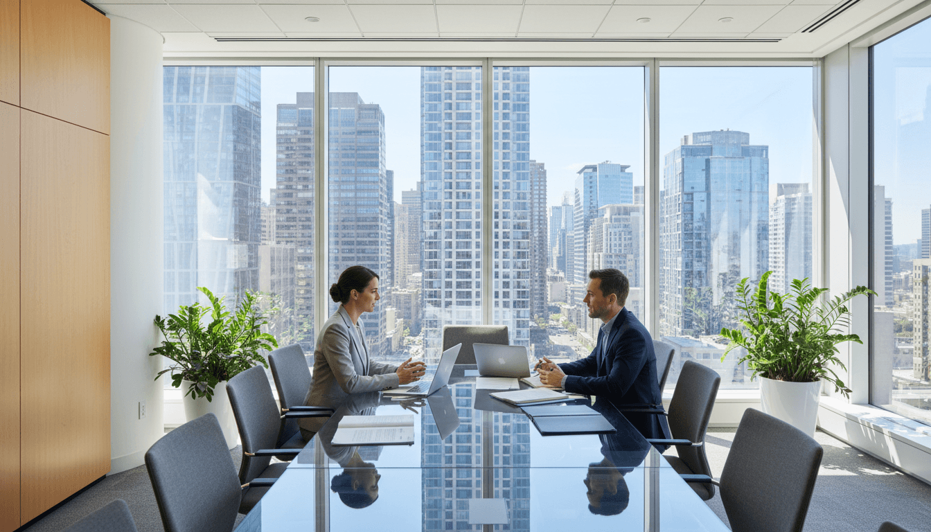 Lawyer and client reviewing documents together at a conference table in Toronto