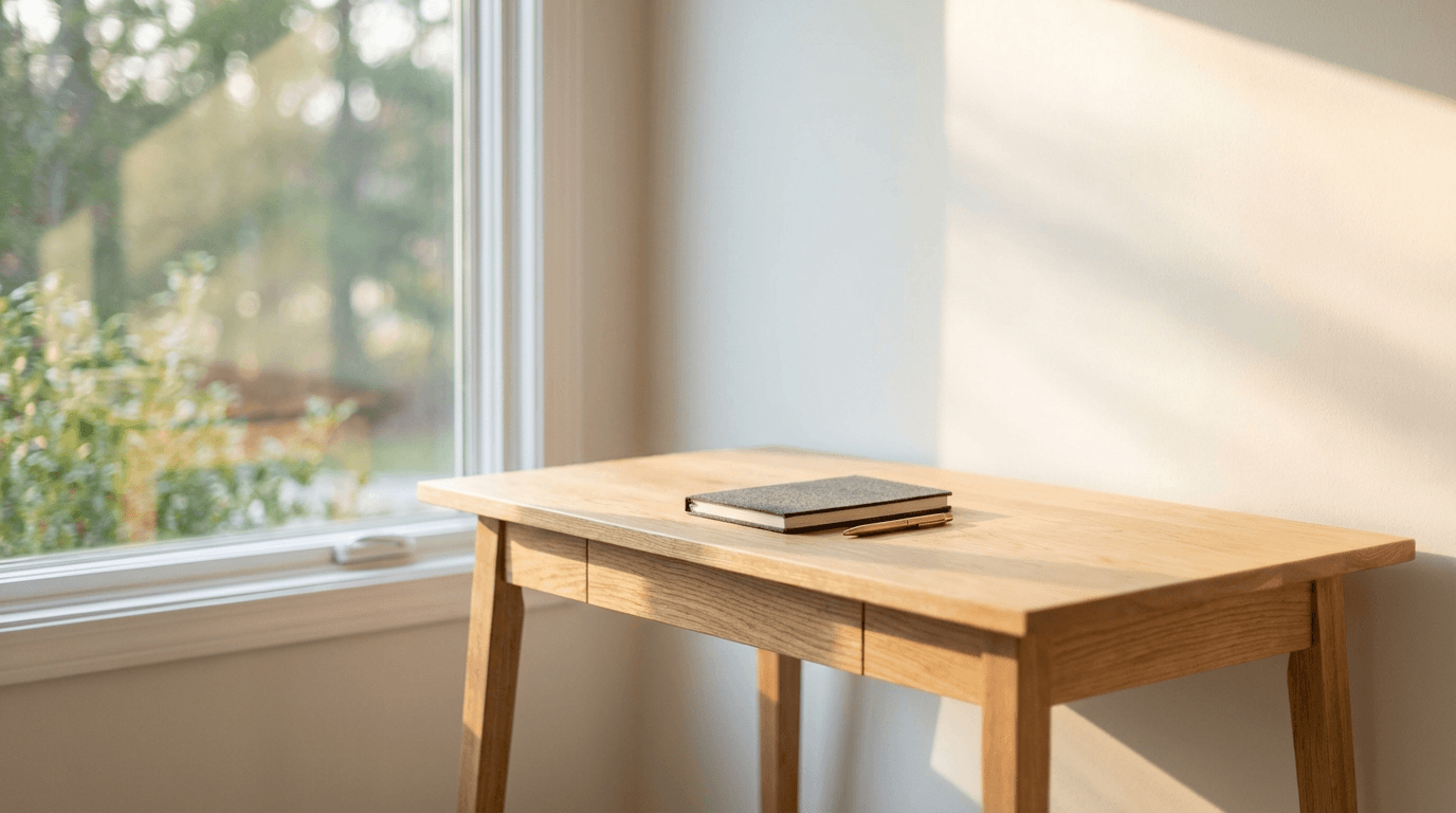 A quiet meeting room with a polished wooden table and chairs, bathed in warm natural light from a nearby window.